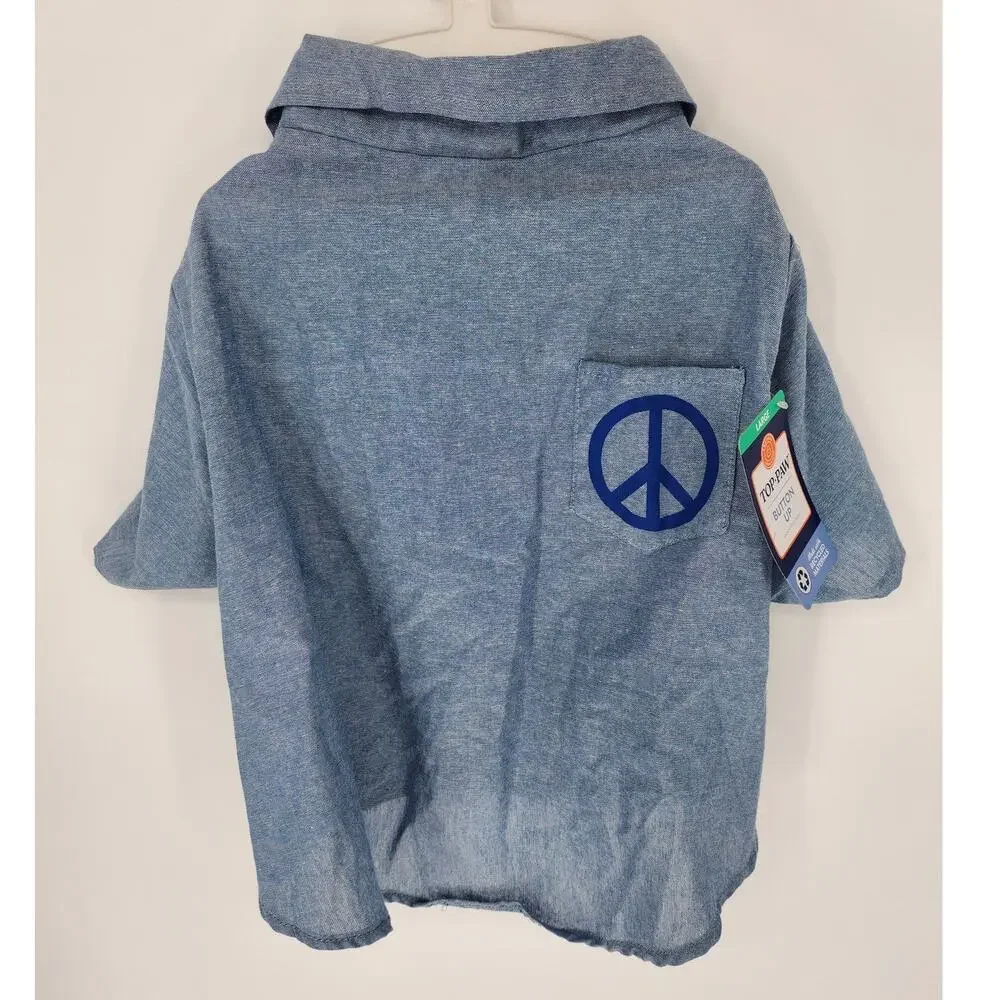 Top Paw Blue Button-Up Dog Shirt with Peace Sign – Size Large